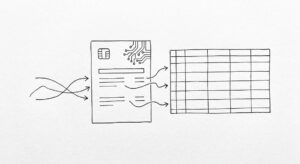 Pen drawing of a single First Tech Federal Credit Union statement with a simple stylized microchip pattern in the corner, arrows flowing to a clean spreadsheet grid
