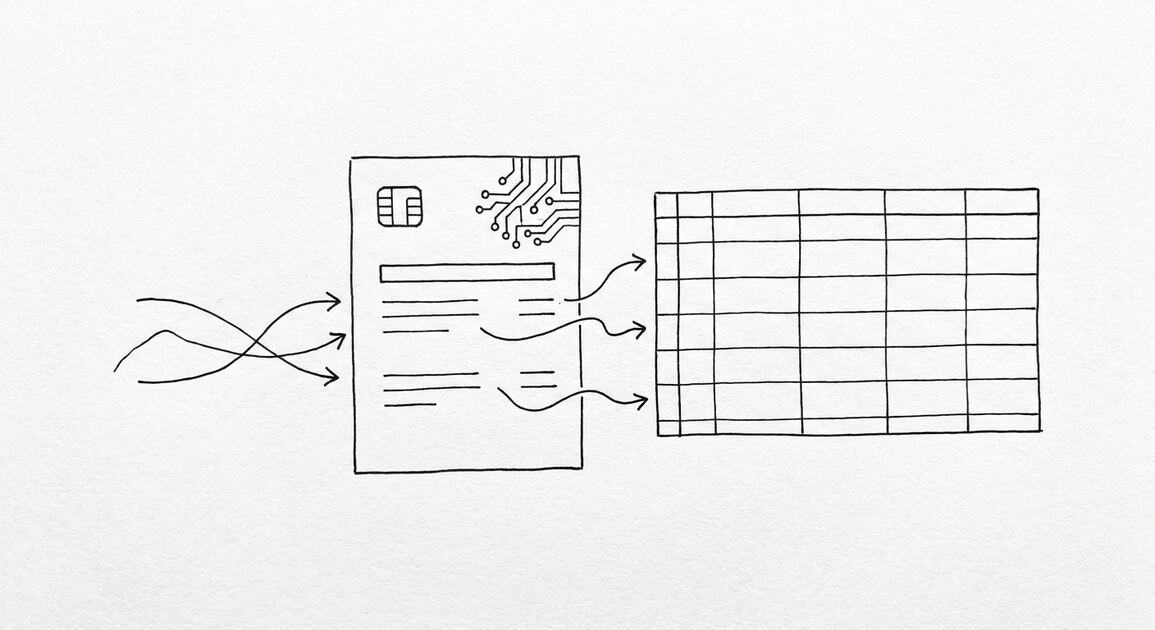 Pen drawing of a single First Tech Federal Credit Union statement with a simple stylized microchip pattern in the corner, arrows flowing to a clean spreadsheet grid