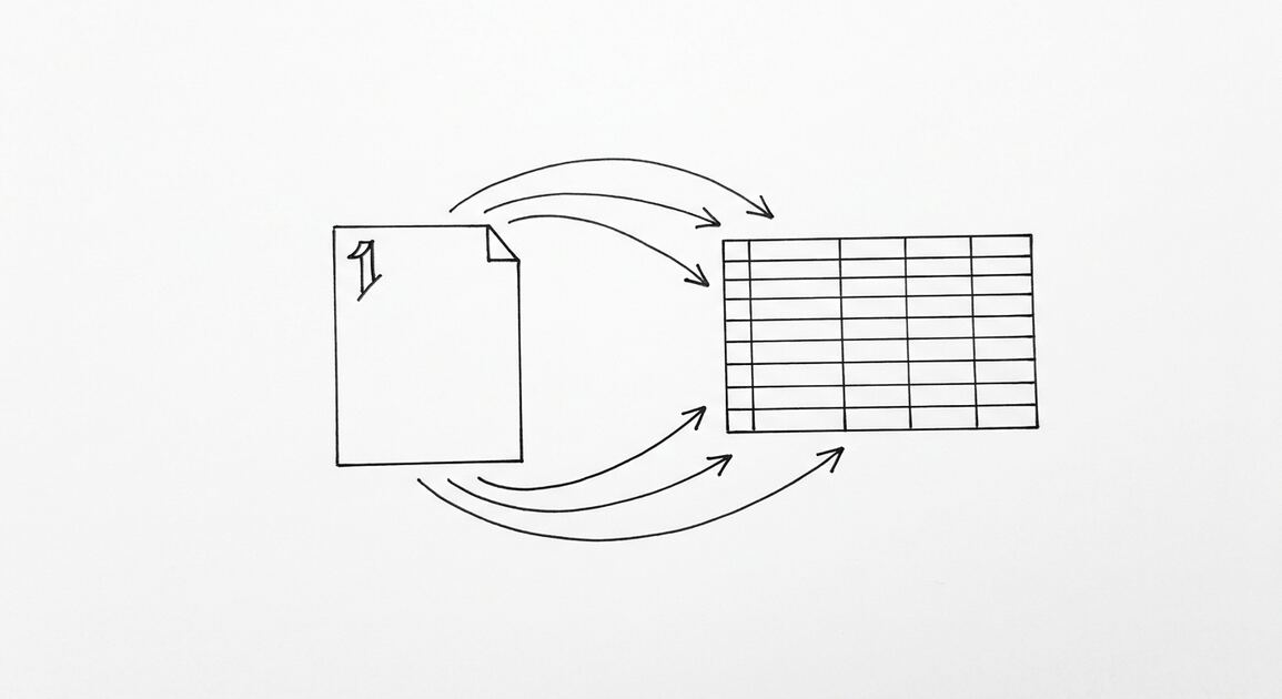 Pen drawing of a single Golden 1 statement with a simple stylized number 1 in the corner, arrows flowing to a clean spreadsheet grid