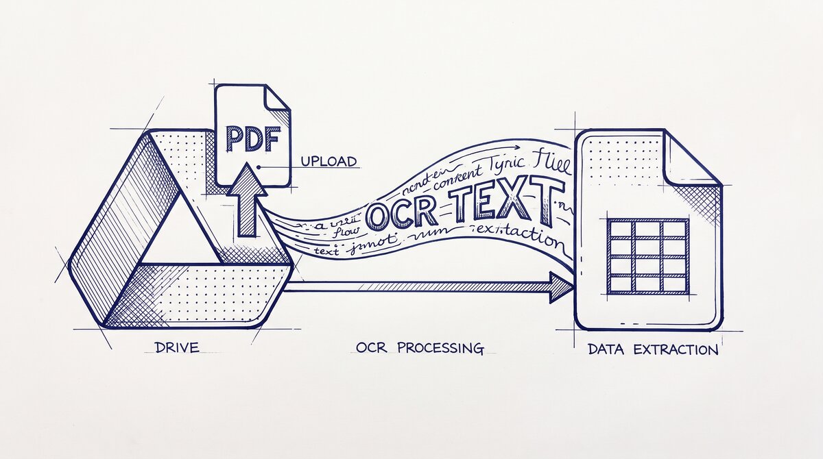 Pen drawing illustrating google-drive-ocr-bank-statement-to-sheets concept