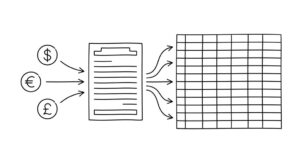 Pen drawing of a single HSBC bank statement with three currency symbols flowing into a clean spreadsheet grid with multiple columns