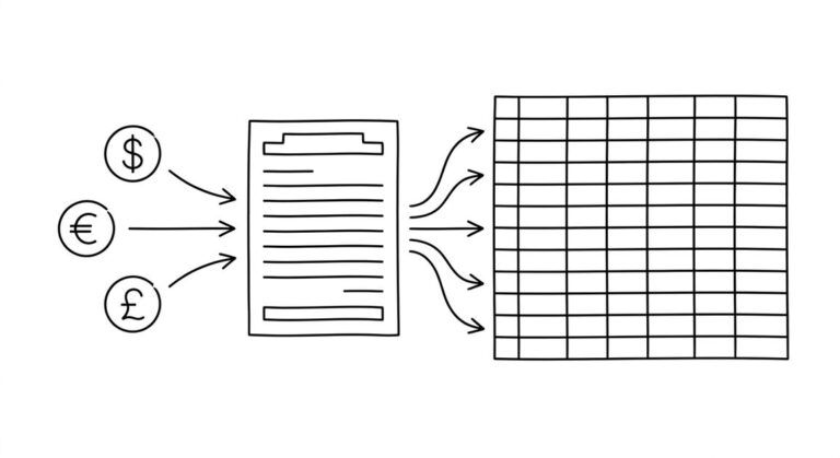 Pen drawing of a single HSBC bank statement with three currency symbols flowing into a clean spreadsheet grid with multiple columns