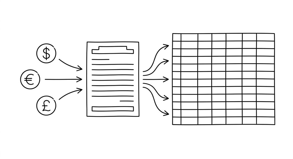 Convert HSBC Bank USA Statement to Excel: 5-Step Process (Free, 2-5 Min) Pen drawing of a single HSBC bank statement with three currency symbols flowing into a clean spreadsheet grid with multiple columns
