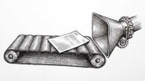 Pen drawing of a horizontal conveyor belt with a rectangular document moving along it toward a final endpoint, representing the QuickBooks import processing path.