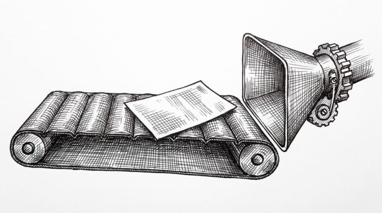 Import Bank Transactions into QuickBooks: The Exact Steps Pen drawing of a horizontal conveyor belt with a rectangular document moving along it toward a final endpoint, representing the QuickBooks import processing path.