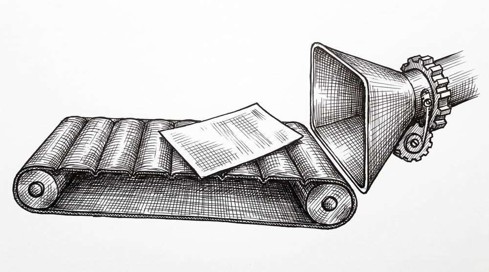 Pen drawing of a horizontal conveyor belt with a rectangular document moving along it toward a final endpoint, representing the QuickBooks import processing path.