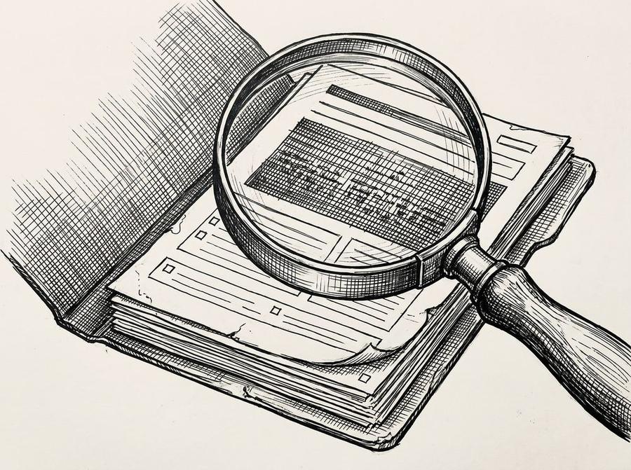 Pen drawing of a magnifying glass hovering over a small structured file, representing close visual inspection of import details.