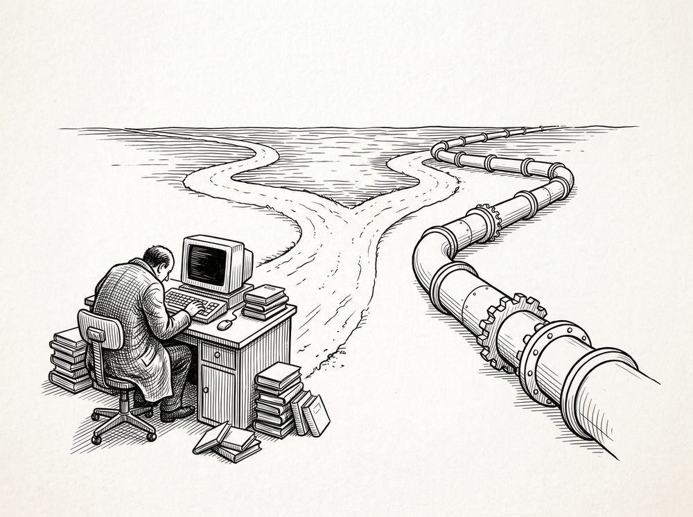 Manual Bank Statement Entry vs Converter: A Comparison Pen drawing of two paths diverging: one with a person hunched over a keyboard, the other with a smooth automated pipeline
