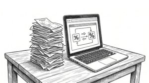 Pen drawing of a stack of paper receipts next to a laptop showing a converter