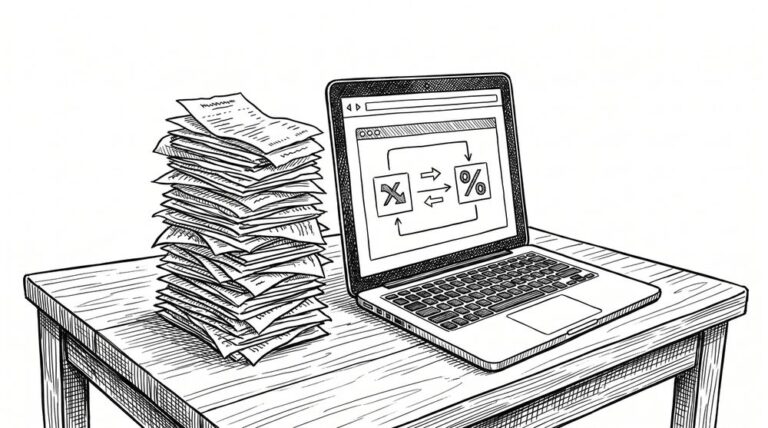 Pen drawing of a stack of paper receipts next to a laptop showing a converter