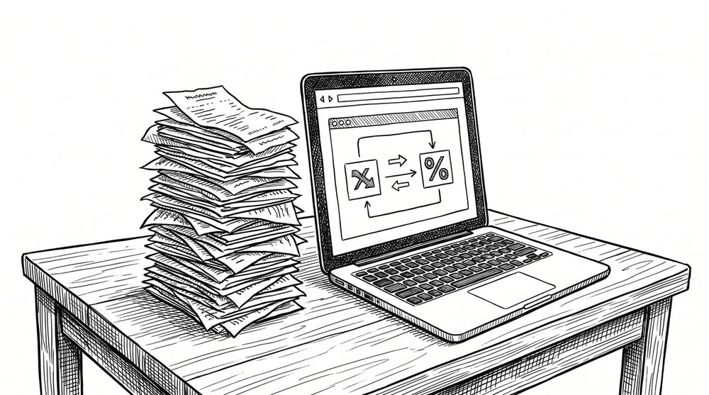 Manual Bank Statement Entry vs Converter: A Comparison Pen drawing of a stack of paper receipts next to a laptop showing a converter