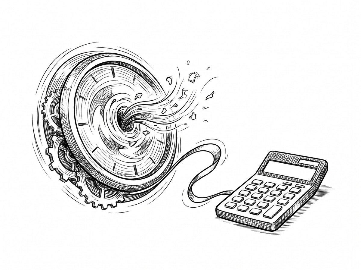 Manual Bank Statement Entry vs Converter: A Comparison Pen drawing of a clock face showing time passing with a calculator nearby
