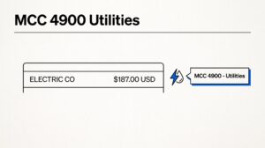 Credit card statement showing MCC 4900 utility charge for electric bill