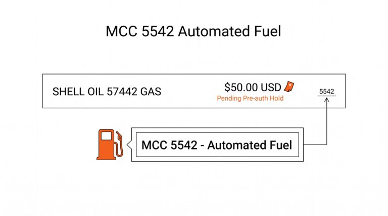 Credit card statement showing MCC 5542 automated fuel dispenser charge from Shell oil pump