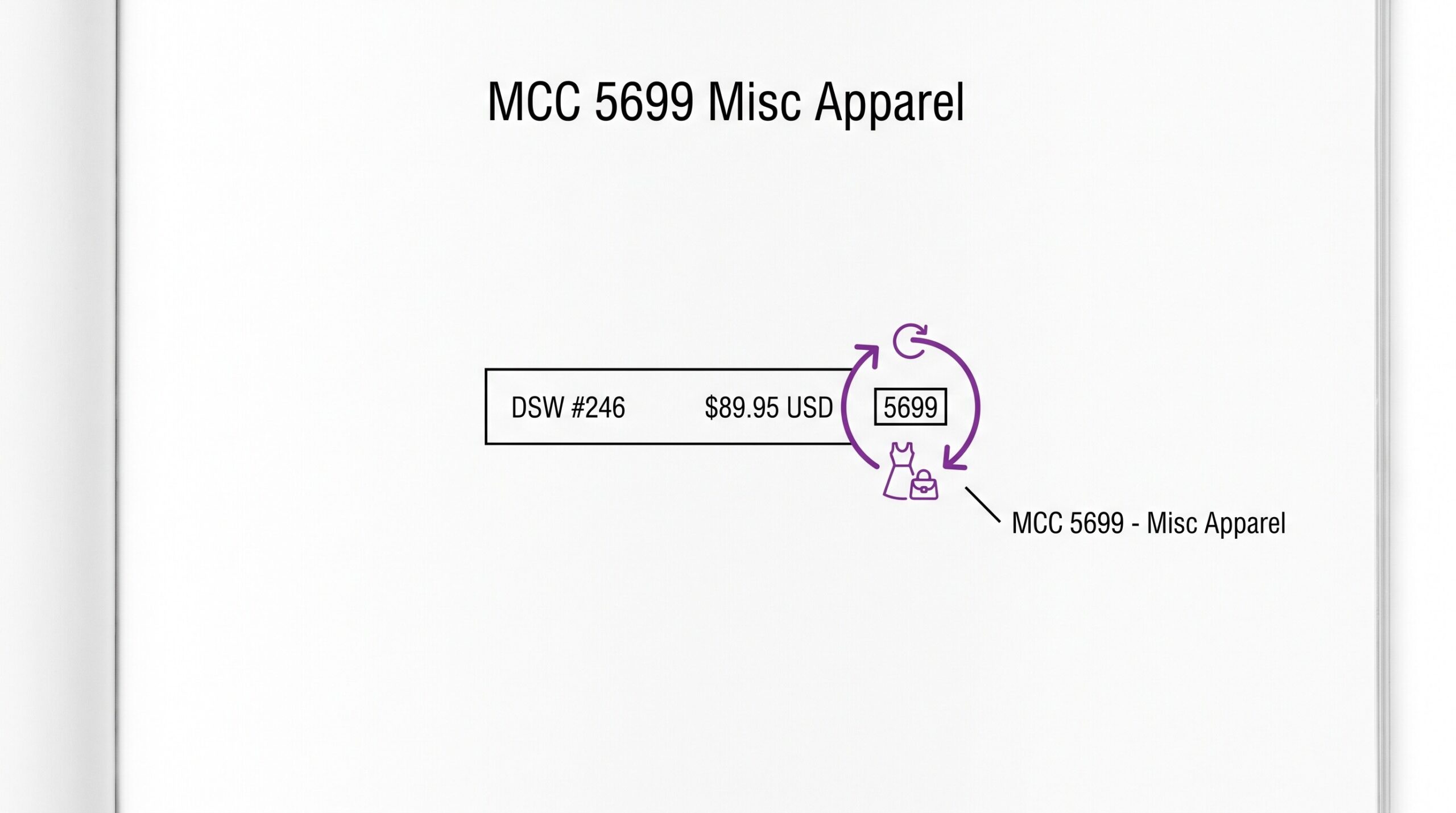 Credit card statement showing MCC 5699 miscellaneous apparel charge for DSW boutique store