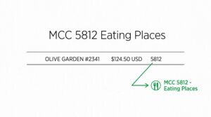 Credit card statement showing MCC 5812 eating places charge for Olive Garden purchase