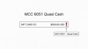 Credit card statement showing MCC 6051 quasi-cash charge flagged for review