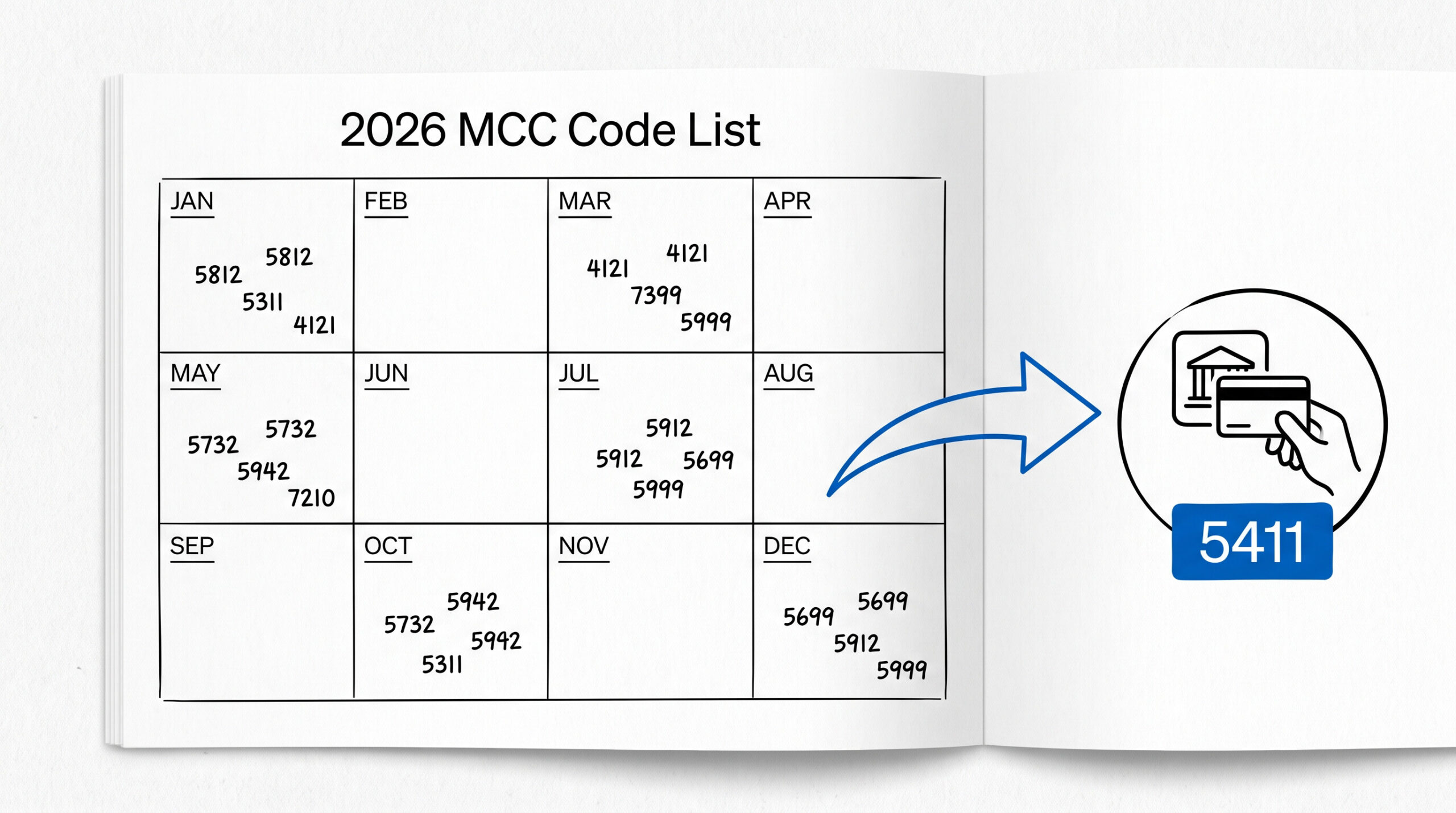 2026 calendar with MCC code grid showing current-year reference list