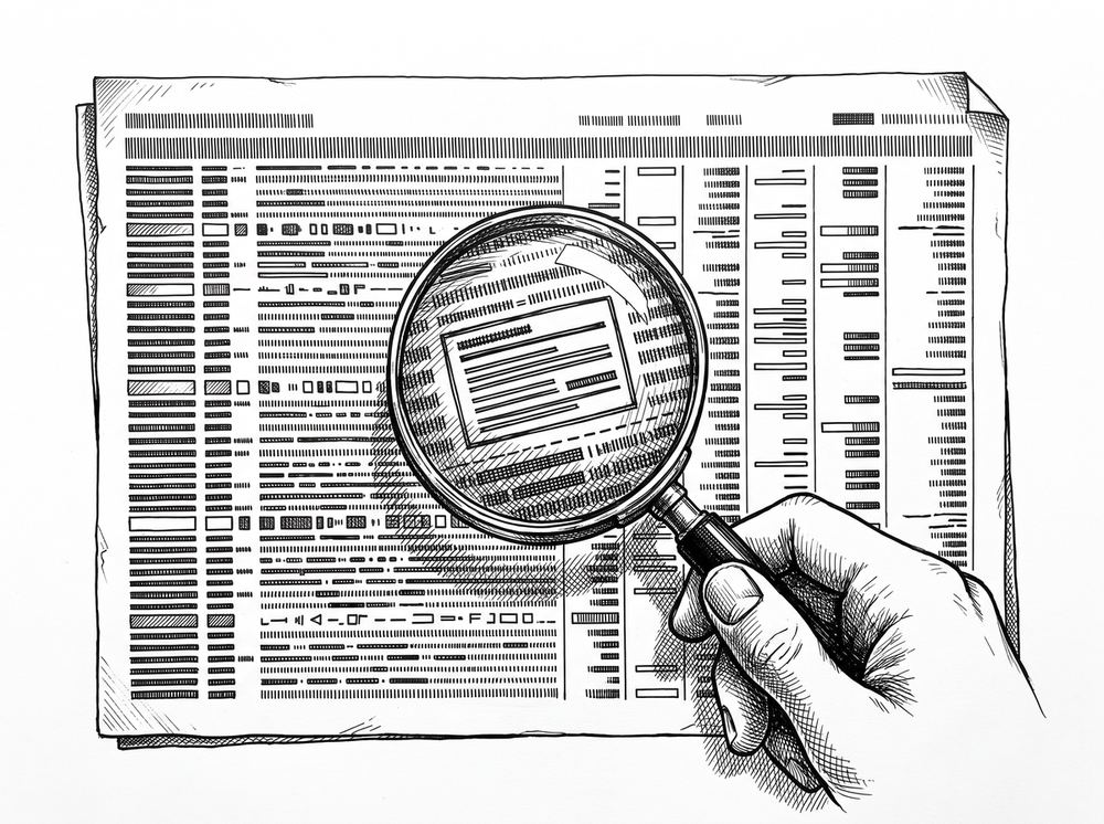 Missing Transactions After Bank Statement Conversion: The 60-Second Diagnosis Pen drawing of a document being scanned by a magnifying glass, representing finding a missing transaction.