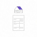 A flat-line illustration of a house with a bank statement beneath it, with a purple checkmark indicating approval