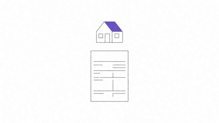 A flat-line illustration of a house with a bank statement beneath it, with a purple checkmark indicating approval