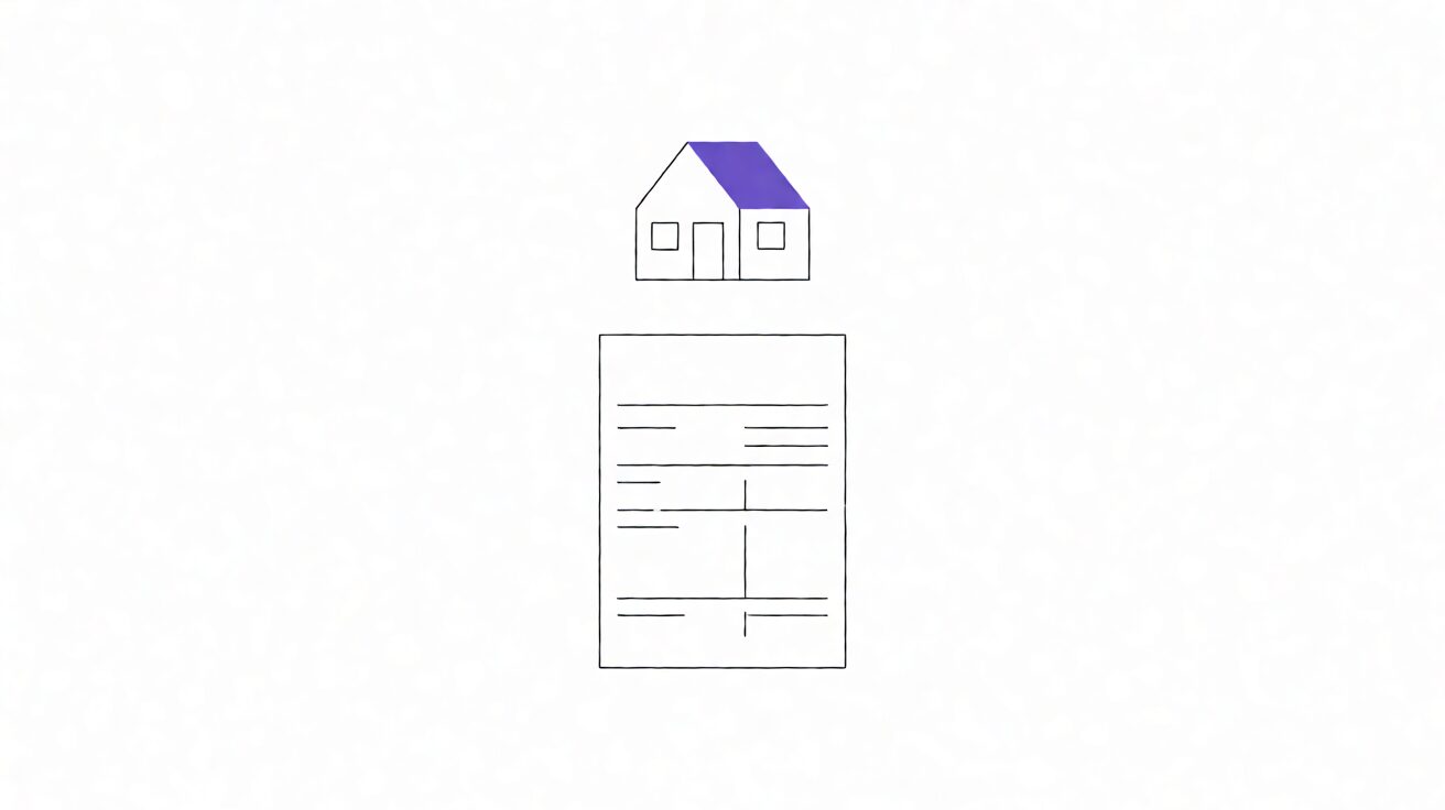 A flat-line illustration of a house with a bank statement beneath it, with a purple checkmark indicating approval
