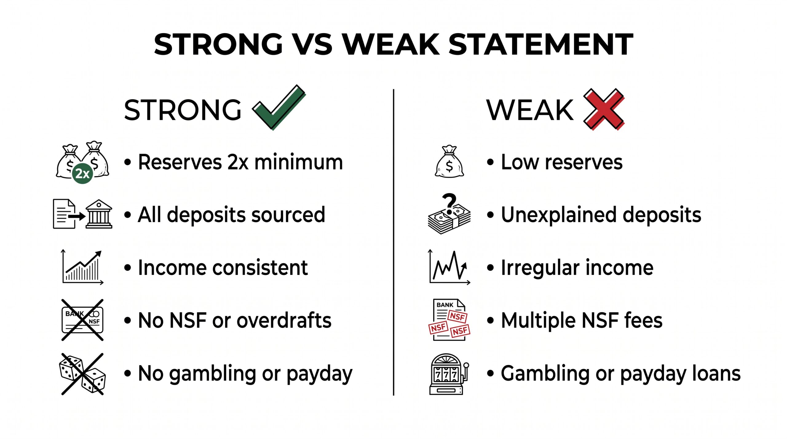 Bank Statement for Mortgage Brokers: The 4-Step Review Workflow Strong vs weak bank statement signals comparison