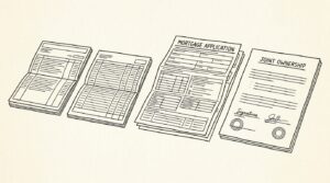 Pen-style line drawing illustrating mortgage application bank statement concepts