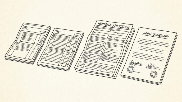 Pen-style line drawing illustrating mortgage application bank statement concepts