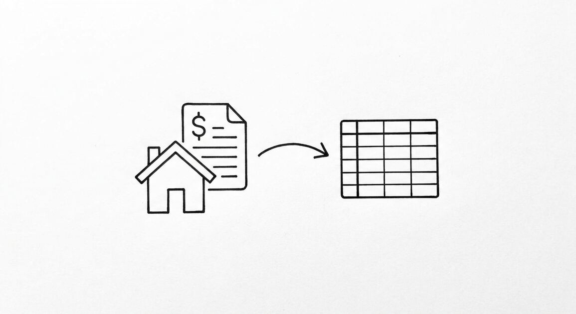 Pen drawing of a small house icon with a bank statement icon overlapping, a single curved arrow leading to a clean spreadsheet grid