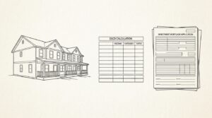 Pen-style line drawing illustrating mortgage application bank statement concepts