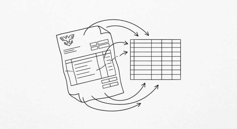 Pen drawing of a single Navy Federal Credit Union statement with a simple eagle and anchor emblem in the corner, arrows flowing to a clean spreadsheet grid