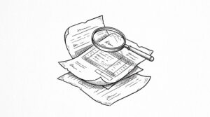 Pen drawing of three old paper bank statements stacked with a magnifying glass over the middle page