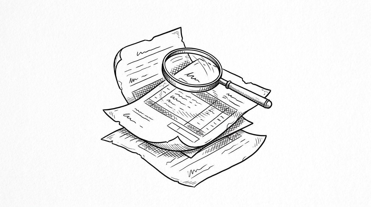 Pen drawing of three old paper bank statements stacked with a magnifying glass over the middle page