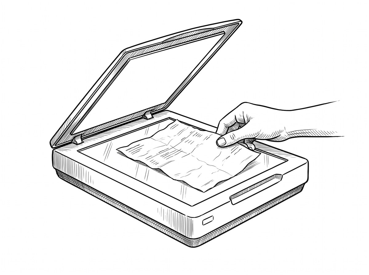 Convert Old Bank Statements: The Paper-First Era Workflow Pen drawing of a flatbed scanner with the lid open and an old paper statement on the glass