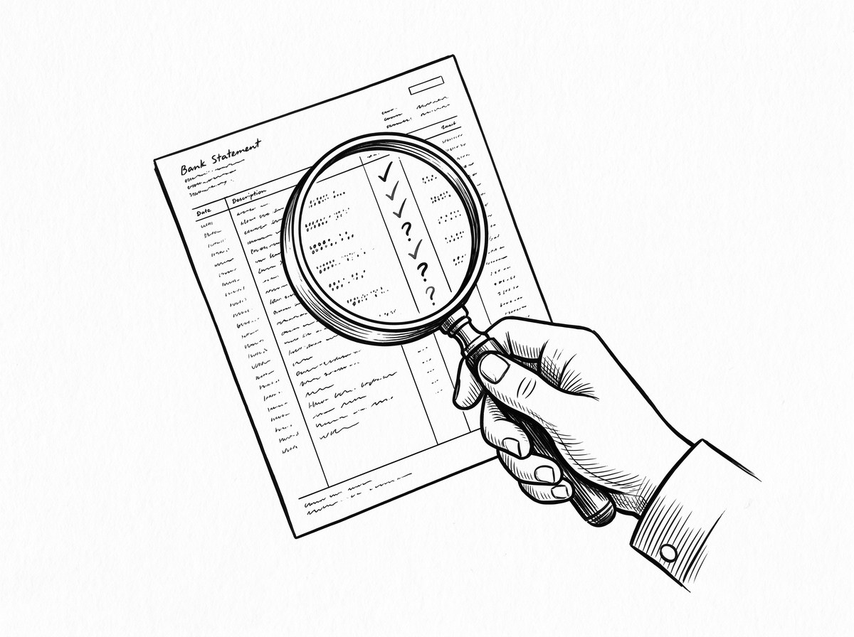 Convert Old Bank Statements: The Paper-First Era Workflow Pen drawing of a hand holding a magnifying glass over a printed paper bank statement with check marks and question marks