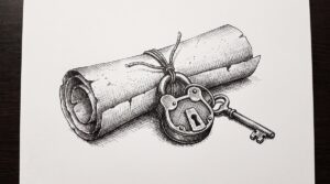 Pen drawing of a locked document with a key.