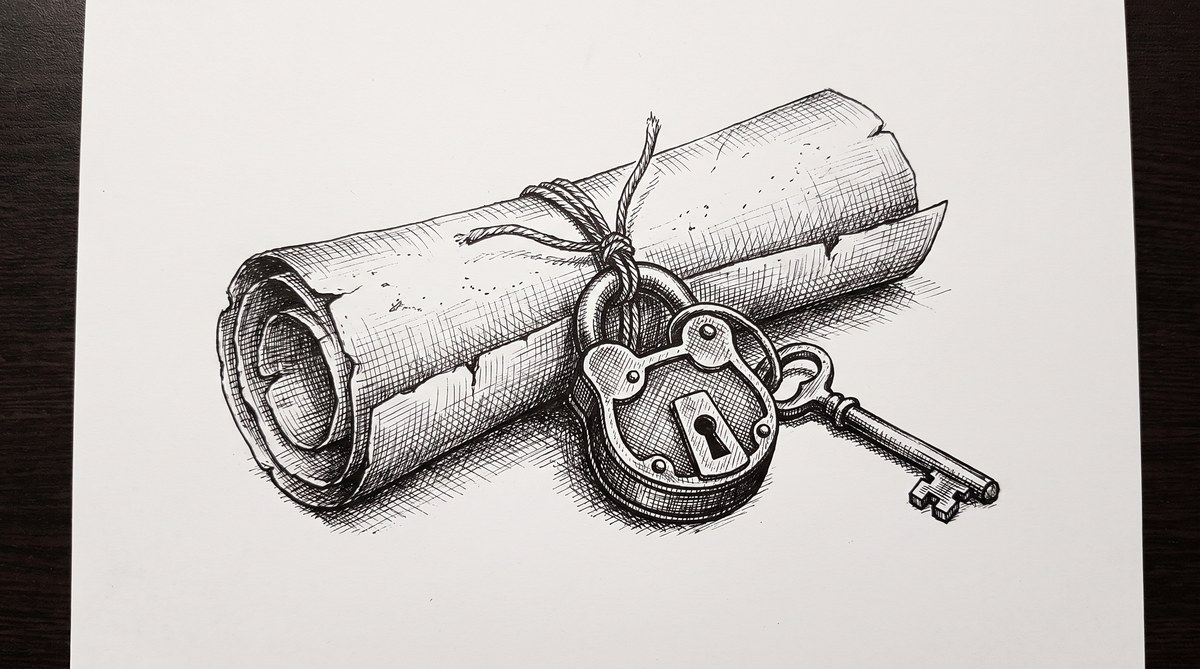 Pen drawing of a locked document with a key.