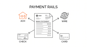 Bank statement with 4 payment rails: ACH, Wire, Check, Card