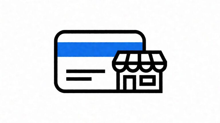 Credit card with merchant category code label next to a small shop