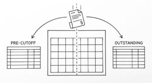 Pen drawing of a calendar with a vertical dashed line splitting the month, a bank statement icon at the top falling through the split, arrows leading to two clean spreadsheet grids labeled pre-cutoff and outstanding
