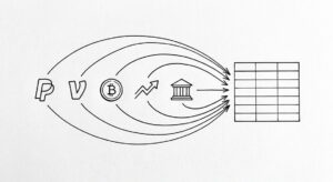 Pen drawing of five small icons (PayPal, Venmo, crypto coin, brokerage chart, bank building), five curved arrows converging on a single clean spreadsheet grid