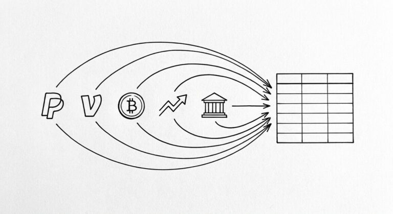 Pen drawing of five small icons (PayPal, Venmo, crypto coin, brokerage chart, bank building), five curved arrows converging on a single clean spreadsheet grid