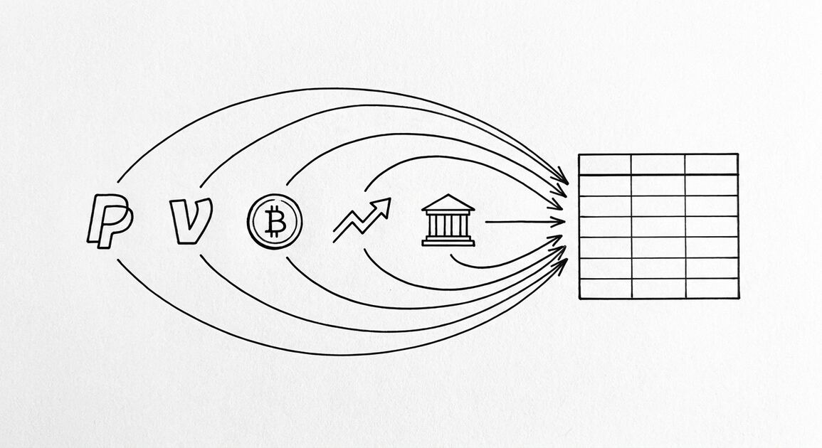 Pen drawing of five small icons (PayPal, Venmo, crypto coin, brokerage chart, bank building), five curved arrows converging on a single clean spreadsheet grid