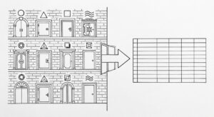 Pen drawing of a brick wall with 10 different bank doors of varying styles, with a single arrow leading to a clean spreadsheet grid