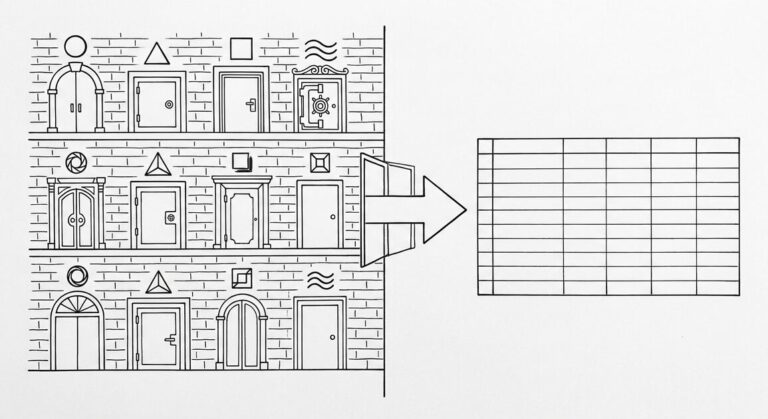 Pen drawing of a brick wall with 10 different bank doors of varying styles, with a single arrow leading to a clean spreadsheet grid