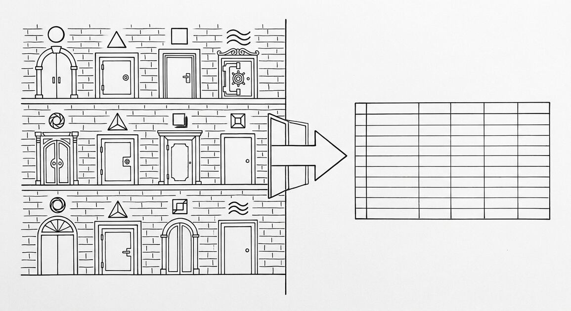 Pen drawing of a brick wall with 10 different bank doors of varying styles, with a single arrow leading to a clean spreadsheet grid