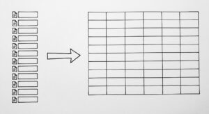 Pen drawing of 12 small monthly PDF rectangles stacked vertically, with a single arrow leading to a clean spreadsheet grid on the right
