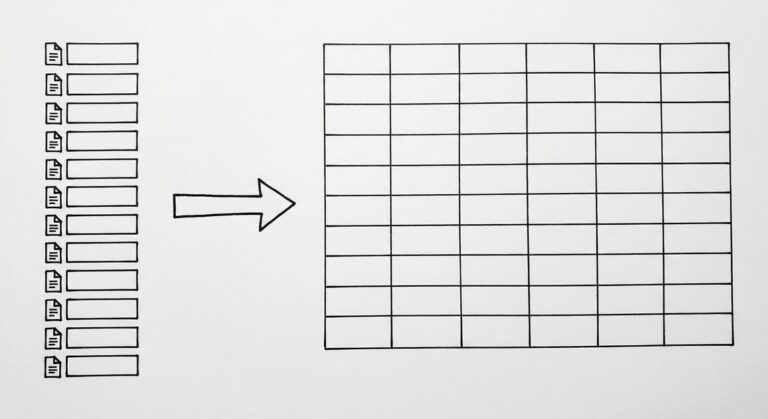 Pen drawing of 12 small monthly PDF rectangles stacked vertically, with a single arrow leading to a clean spreadsheet grid on the right