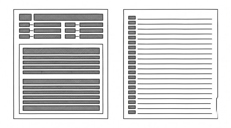 Pen drawing of two side-by-side panels showing a structured document and a plain text file